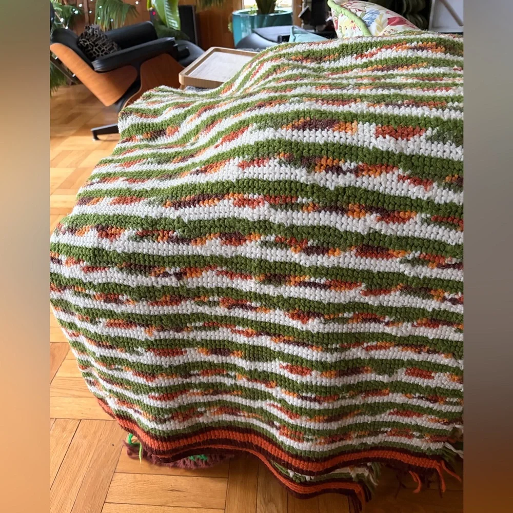 Handmade Cozy Striped Crochet Throw Blanket Green Orange &White 64” x 54” MCM